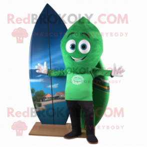 Forest Green Surfboard mascot costume character dressed with a Swimwear and Tote bags