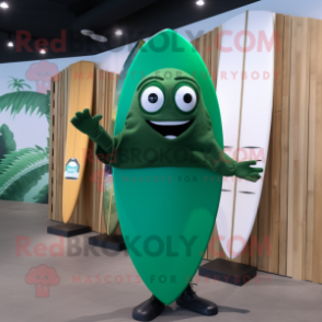 Forest Green Surfboard mascot costume character dressed with a Swimwear and Tote bags