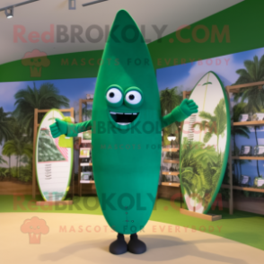 Forest Green Surfboard mascot costume character dressed with a Swimwear and Tote bags