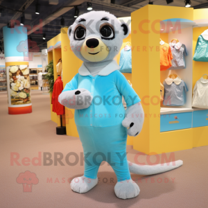 Sky Blue Meerkat mascot costume character dressed with a Capri Pants and Clutch bags