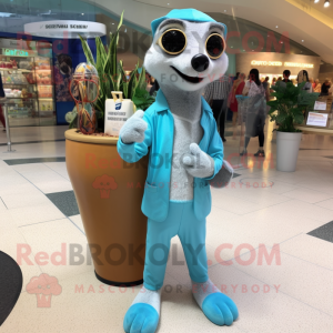 Sky Blue Meerkat mascot costume character dressed with a Capri Pants and Clutch bags