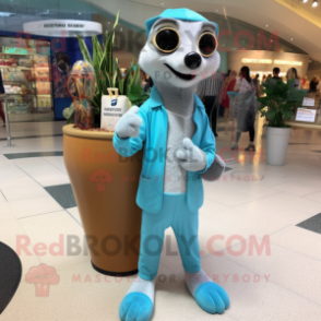 Sky Blue Meerkat mascot costume character dressed with a Capri Pants and Clutch bags