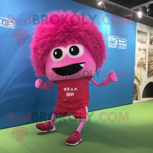 Magenta Fried Rice mascot costume character dressed with a Running Shorts and Hair clips