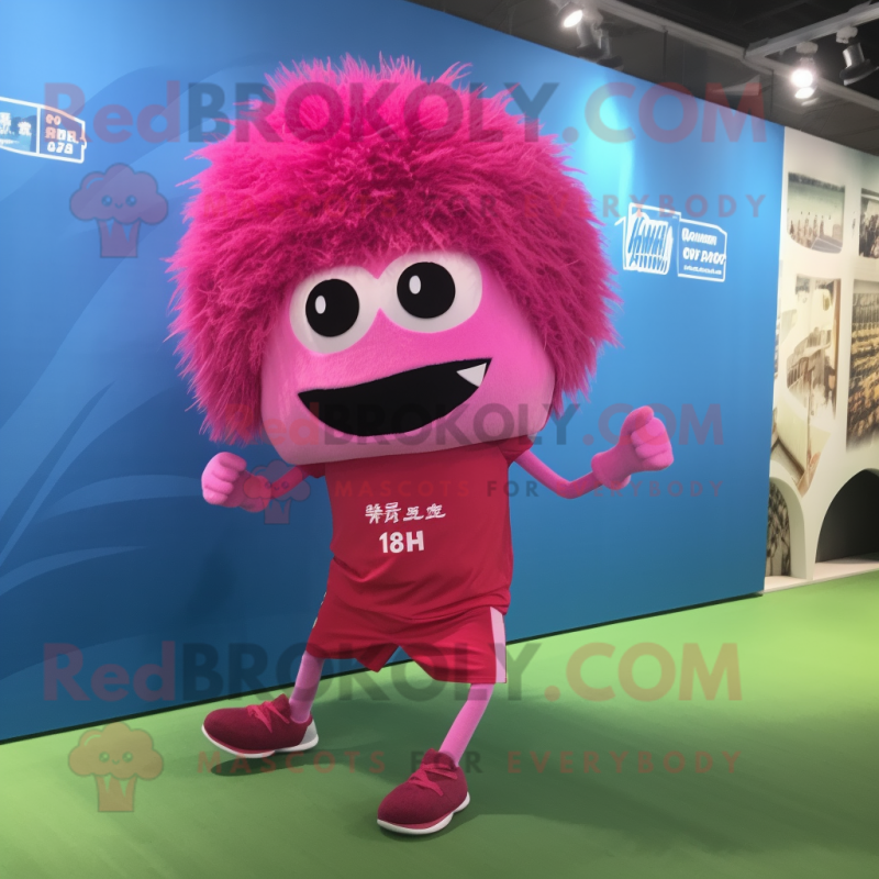 Magenta Fried Rice mascot costume character dressed with a Running Shorts and Hair clips Magenta Fried Rice mascot costume character dressed with a Running Shorts and Hair clips
