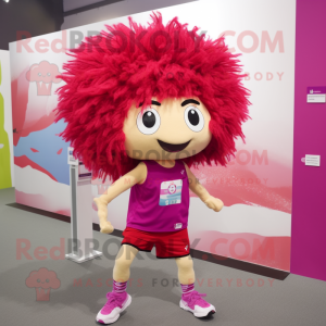 Magenta Fried Rice mascot costume character dressed with a Running Shorts and Hair clips