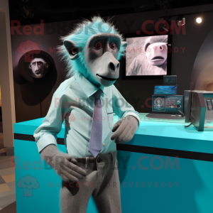 Cyan Baboon mascot costume character dressed with a Dress Shirt and Cufflinks