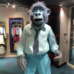 Cyan Baboon mascot costume character dressed with a Dress Shirt and Cufflinks