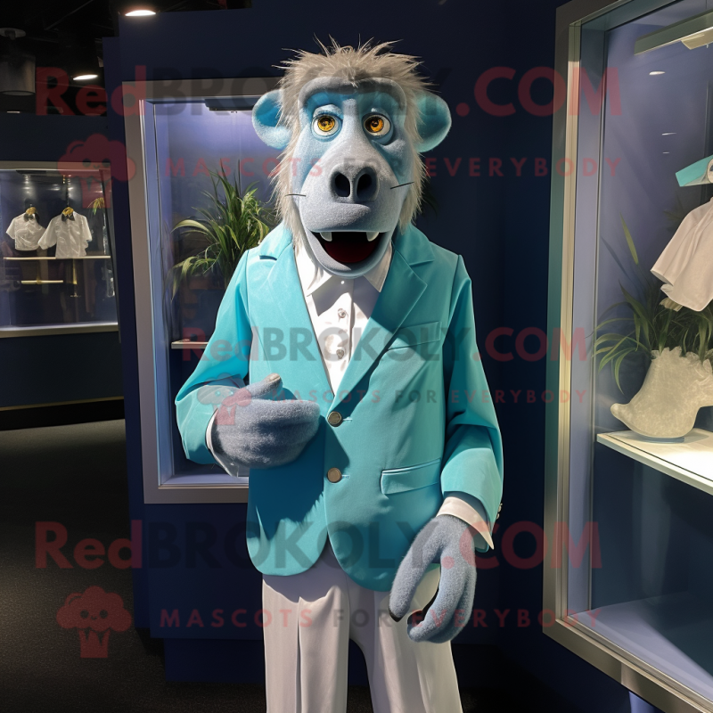 Cyan Baboon mascot costume character dressed with a Dress Shirt and Cufflinks Cyan Baboon mascot costume character dressed with a Dress Shirt and Cufflinks