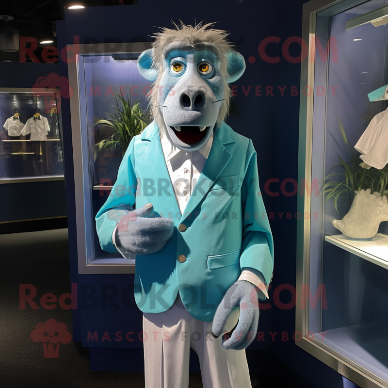 Cyan Baboon mascot costume character dressed with a Dress Shirt and Cufflinks