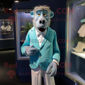 Cyan Baboon mascot costume character dressed with a Dress Shirt and Cufflinks