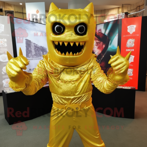 Gold Demon mascot costume character dressed with a Long Sleeve Tee and Scarf clips