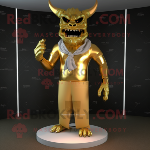 Gold Demon mascot costume character dressed with a Long Sleeve Tee and Scarf clips