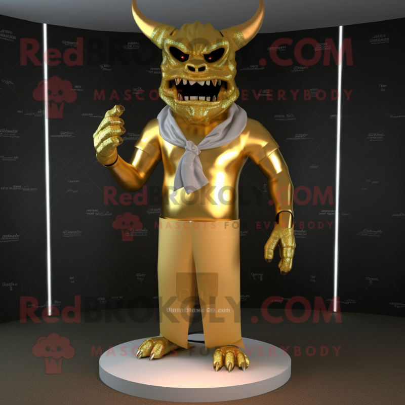 Gold Demon mascot costume character dressed with a Long Sleeve Tee and Scarf clips Gold Demon mascot costume character dressed with a Long Sleeve Tee and Scarf clips
