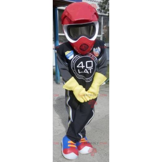 Maskot motorkář motorkář s oblekem a helmou - Redbrokoly.com