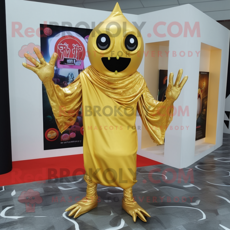 Gold Demon mascot costume character dressed with a Long Sleeve Tee and Scarf clips