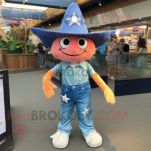 nan Starfish mascot costume character dressed with a Denim Shorts and Hats