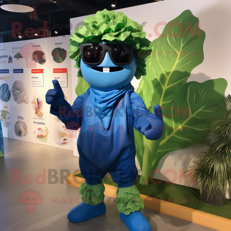 Blue Cabbage Leaf mascot costume character dressed with a Rash Guard and Sunglasses Blue Cabbage Leaf mascot costume character dressed with a Rash Guard and Sunglasses