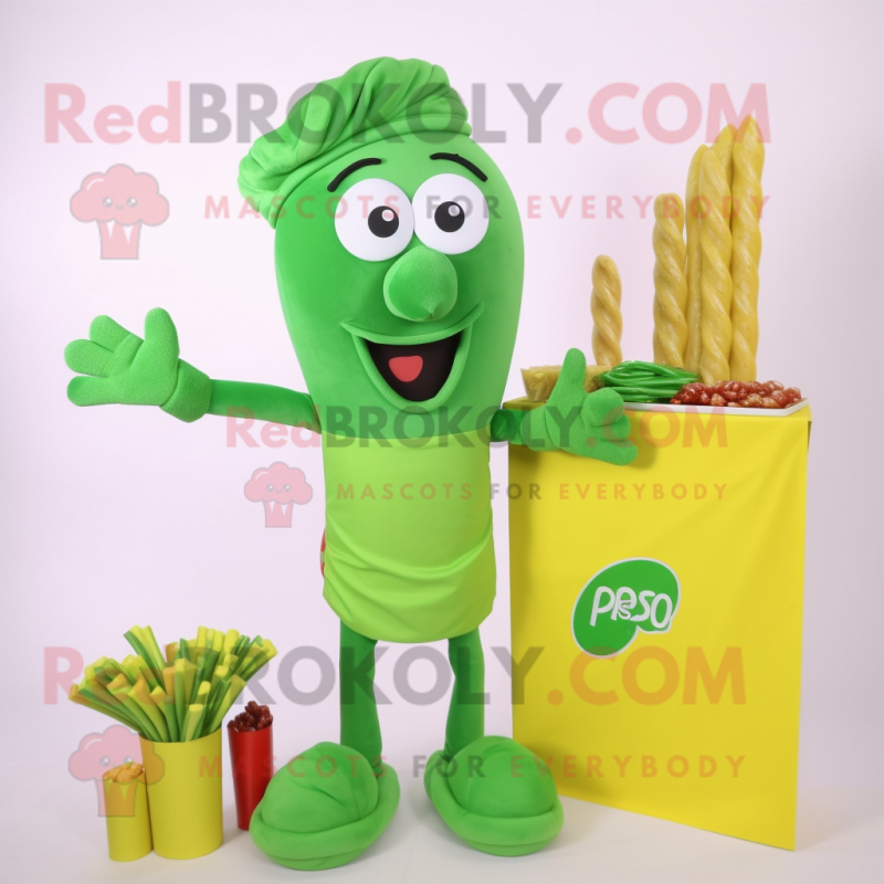 Green Pesto Pasta mascot costume character dressed with a Polo Tee and Earrings Green Pesto Pasta mascot costume character dressed with a Polo Tee and Earrings