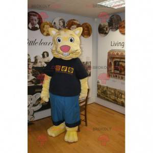 Yellow cat mascot in blue and black outfit - Redbrokoly.com