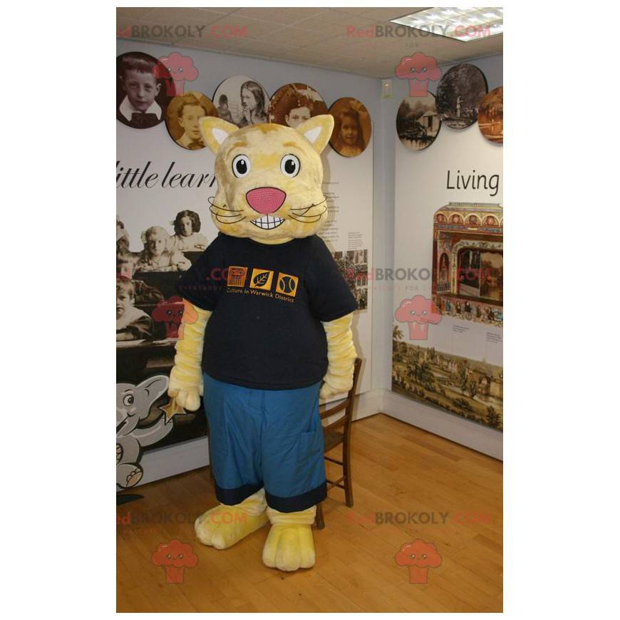 Yellow cat mascot in blue and black outfit - Redbrokoly.com