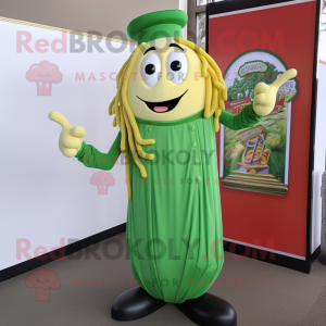 Green Pesto Pasta mascot costume character dressed with a Polo Tee and Earrings