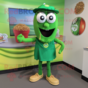 Green Pesto Pasta mascot costume character dressed with a Polo Tee and Earrings