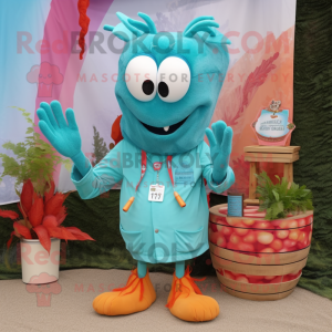 Turquoise Shrimp Scampi mascot costume character dressed with a Chambray Shirt and Necklaces