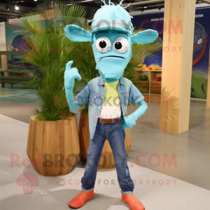 Turquoise Shrimp Scampi mascot costume character dressed with a Chambray Shirt and Necklaces