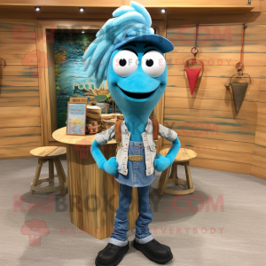 Turquoise Shrimp Scampi mascot costume character dressed with a Chambray Shirt and Necklaces