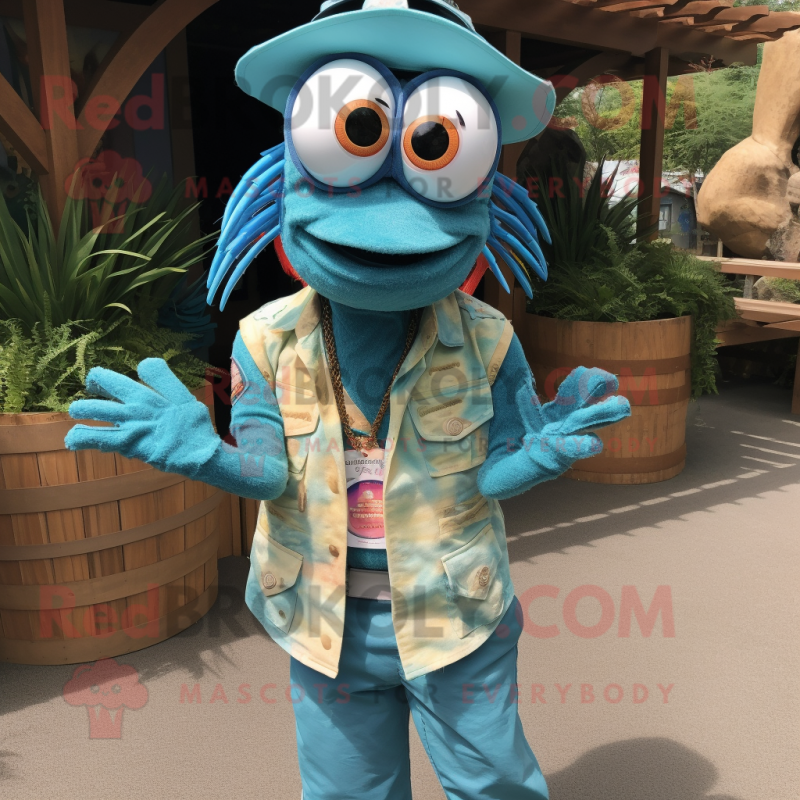 Turquoise Shrimp Scampi mascot costume character dressed with a Chambray Shirt and Necklaces Turquoise Shrimp Scampi mascot costume character dressed with a Chambray Shirt and Necklaces