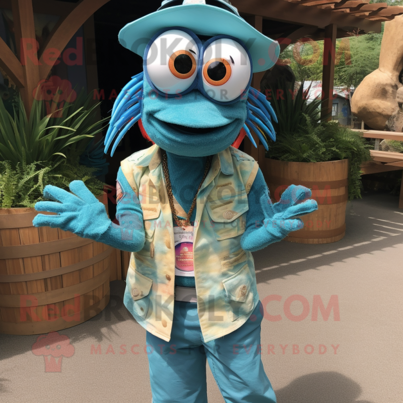 Turquoise Shrimp Scampi mascot costume character dressed with a Chambray Shirt and Necklaces