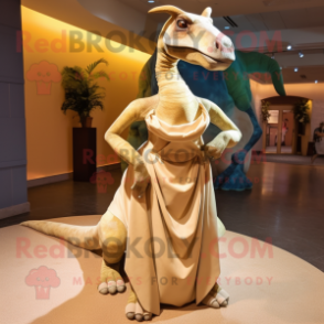 Tan Parasaurolophus mascot costume character dressed with a Evening Gown and Wraps