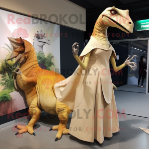 Tan Parasaurolophus mascot costume character dressed with a Evening Gown and Wraps