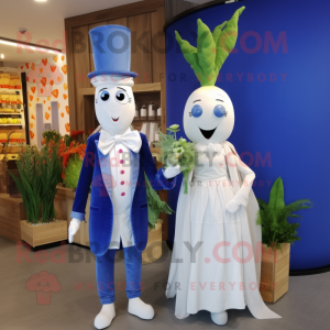 Blue Carrot mascot costume character dressed with a Wedding Dress and Brooches