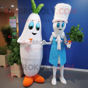 Blue Carrot mascot costume character dressed with a Wedding Dress and Brooches