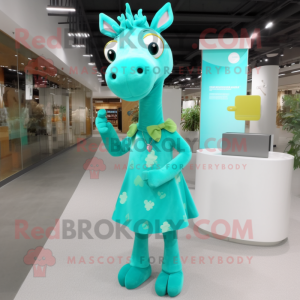 Turquoise Giraffe mascot costume character dressed with a A-Line Skirt and Clutch bags