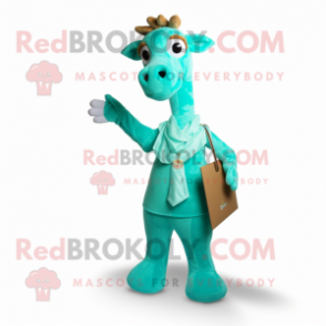 Turquoise Giraffe mascot costume character dressed with a A-Line Skirt and Clutch bags