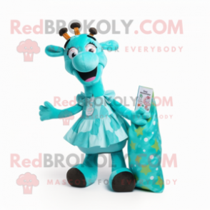 Turquoise Giraffe mascot costume character dressed with a A-Line Skirt and Clutch bags