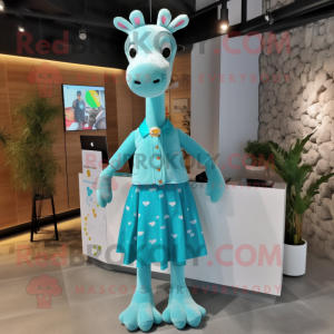 Turquoise Giraffe mascot costume character dressed with a A-Line Skirt and Clutch bags