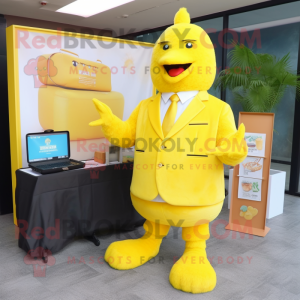 Lemon Yellow Fried Chicken mascot costume character dressed with a Cover-up and Briefcases