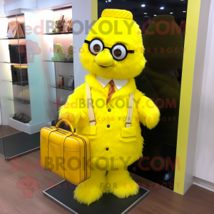 Lemon Yellow Fried Chicken mascot costume character dressed with a Cover-up and Briefcases