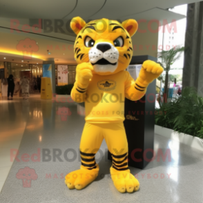 Yellow Saber-Toothed Tiger mascot costume character dressed with a Jumpsuit and Clutch bags