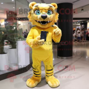 Yellow Saber-Toothed Tiger mascot costume character dressed with a Jumpsuit and Clutch bags