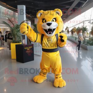 Yellow Saber-Toothed Tiger mascot costume character dressed with a Jumpsuit and Clutch bags