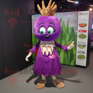 Purple Onion mascot costume character dressed with a Mini Skirt and Headbands