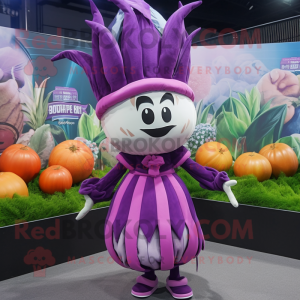 Purple Onion mascot costume character dressed with a Mini Skirt and Headbands