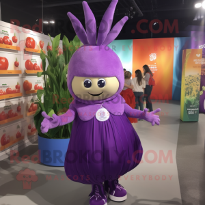 Purple Onion mascot costume character dressed with a Mini Skirt and Headbands