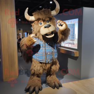 Beige Minotaur mascot costume character dressed with a Chambray Shirt and Hairpins