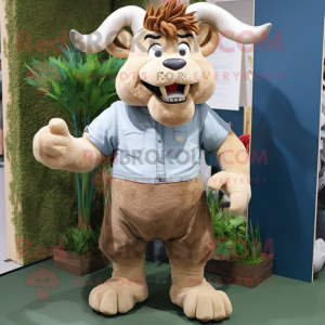 Beige Minotaur mascot costume character dressed with a Chambray Shirt and Hairpins
