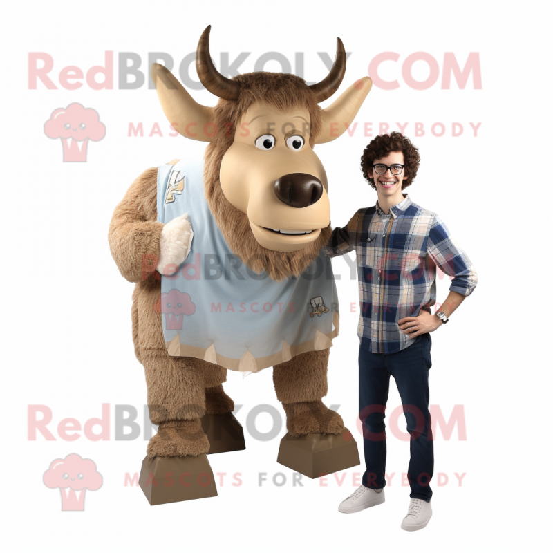 Beige Minotaur mascot costume character dressed with a Chambray Shirt and Hairpins